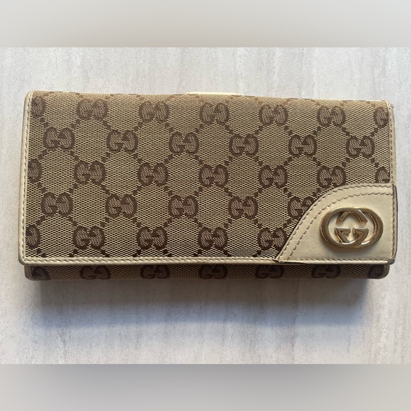 Gucci Handbags - GUCCI GG Long Wallet Beige White Gold Canvas Leather Monogram Interlocking